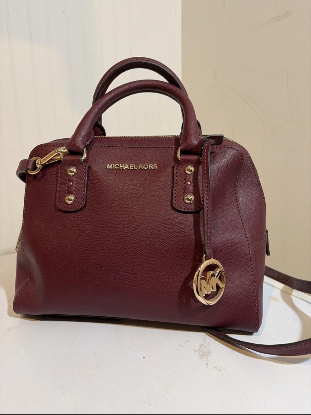 Michael Kors Burgundy Saffiano Satchel with Gold Hardware